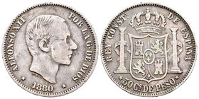Alfonso XII (1874-1885). 50 centavos. 1880. Manila. (Cal-78). Ag. 12,75 g. Pátina. Rara. BC+. Est...200,00.
