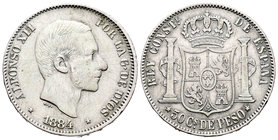 Alfonso XII (1874-1885). 50 centavos. 1884. Manila. (Cal-84). Ag. 12,87 g. Rayitas de limpieza en anverso. Rara. BC+/MBC-. Est...170,00.