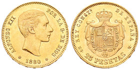Alfonso XII (1874-1885). 25 pesetas. 1880*18-80. Madrid. MSM. (Cal-10). Au. 8,08 g. Restos de brillo original. EBC+. Est...300,00.