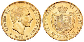 Alfonso XII (1874-1885). 25 pesetas. 1884*18-84. Madrid. MSM. (Cal-19). Au. 8,01 g. Escasa. MBC+. Est...400,00.