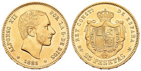 Alfonso XII (1874-1885). 25 pesetas. 1885*18-85. Madrid. MSM. (Cal-20). Au. 8,01 g. Fue utilizada como joya, aún así bonita presencia. Rara. EBC-. Est...
