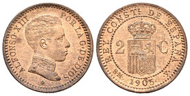 Alfonso XIII (1886-1931). 2 céntimos. 1905*05. Madrid. SMV. (Cal-71). Ag. 1,97 g. SC. Est...20,00.