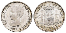 Alfonso XIII (1886-1931). 50 centimos. 1892*9-2. Madrid. PGM. (Cal-55). Ag. 2,49 g. Brillo original. EBC+. Est...25,00.