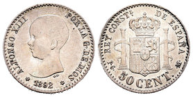 Alfonso XIII (1886-1931). 50 céntimos. 1892*9-2. Madrid. PGM. (Cal-55). Ag. 2,52 g. Limpiada. EBC-. Est...20,00.