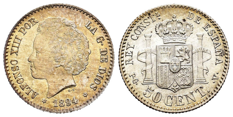 Alfonso XIII (1886-1931). 50 centimos. 1894*9-4. Madrid. PGV. (Cal-58). Ag. 2,48...