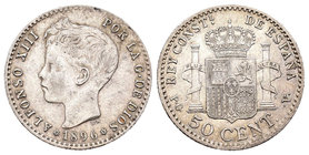Alfonso XIII (1886-1931). 50 centimos. 1896*9-6. Madrid. PGV. (Cal-59). Ag. 2,51 g. MBC+. Est...60,00.