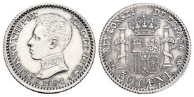 Alfonso XIII (1886-1931). 50 céntimos. 1904*0-4. Madrid. SMV. (Cal-61). Ag. 2,49 g. Limpiada. EBC. Est...25,00.