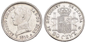 Alfonso XIII (1886-1931). 50 centimos. 1910*1-0. Madrid. PCV. (Cal-63). Ag. 2,48 g. SC-. Est...18,00.