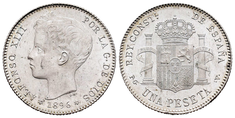 Alfonso XIII (1886-1931). 1 peseta. 1896*18-96. Madrid. PGV. (Cal-41). Ag. 5,08 ...