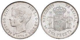 Alfonso XIII (1886-1931). 1 peseta. 1896*18-96. Madrid. PGV. (Cal-41). Ag. 5,08 g. Brillo original. SC-. Est...60,00.