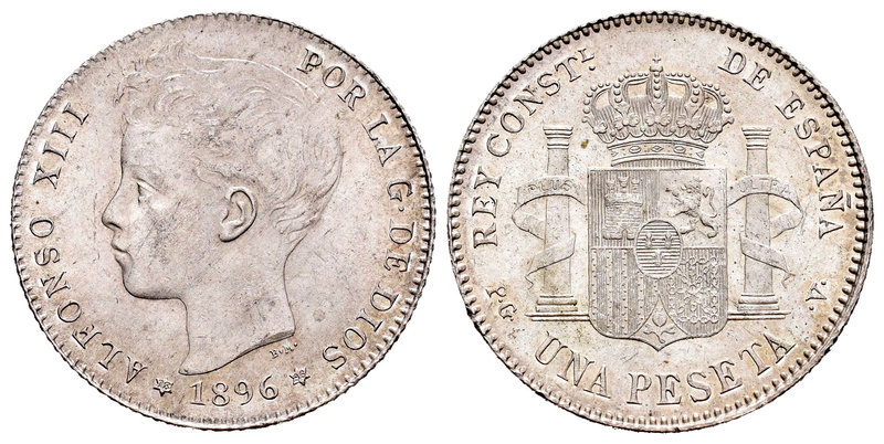 Alfonso XIII (1886-1931). 1 peseta. 1896*18-96. Madrid. PGV. (Cal-41). Ag. 4,98 ...