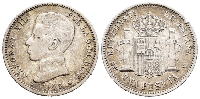 Alfonso XIII (1886-1931). 1 peseta. 1905*19-05. Madrid. SMV. (Cal-51). 4,95 g. B...