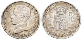 Alfonso XIII (1886-1931). 1 peseta. 1905*19-05. Madrid. SMV. (Cal-51). 4,95 g. BC+. Est...45,00.