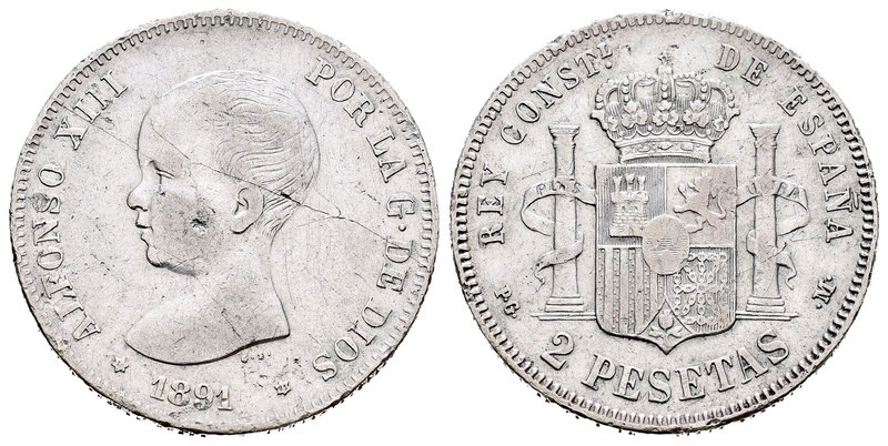 Alfonso XIII (1886-1931). 2 pesetas. 1891. Madrid. PGM. (Cal-31). Ag. 9,88 g. Go...