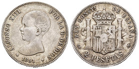 Alfonso XIII (1886-1931). 2 pesetas. 1891*18-91. Madrid. PGM. (Cal-31). Ag. 9,92 g. Estrellas tenues. MBC-. Est...80,00.