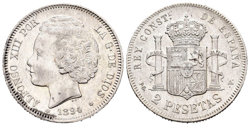 Alfonso XIII (1886-1931). 2 pesetas. 1894*18-94. Madrid. PGV. (Cal-33). Ag. 9,93...