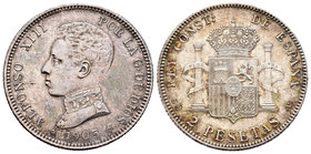 Alfonso XIII (1886-1931). 2 pesetas. 1905*19-05. Madrid. SMV. (Cal-34). Ag. 9,91 g. Pátina. EBC+. Est...18,00.