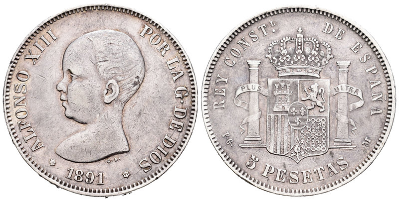 Alfonso XIII (1886-1931). 5 pesetas. 1891*18-91. Madrid. PGM. (Cal-17). Ag. 24,6...