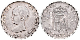 Alfonso XIII (1886-1931). 5 pesetas. 1891*18-91. Madrid. PGM. (Cal-17). Ag. 24,60 g. MBC. Est...20,00.