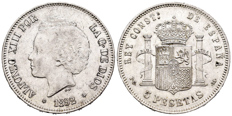 Alfonso XIII (1886-1931). 5 pesetas. 1892*18-92. Madrid. PGM. (Cal-19). Ag. 25,0...