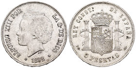 Alfonso XIII (1886-1931). 5 pesetas. 1892*18-92. Madrid. PGM. (Cal-19). Ag. 25,01 g. MBC+/EBC-. Est...50,00.