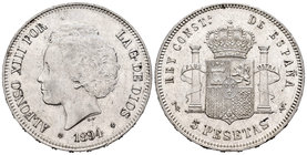 Alfonso XIII (1886-1931). 5 pesetas. 1894*18-94. Madrid. PGV. (Cal-23). Ag. 24,99 g. Dos golpecitos en el canto. EBC. Est...120,00.