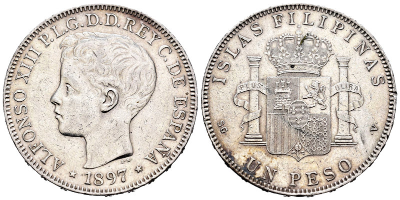 Alfonso XIII (1886-1931). 1 peso. 1897. Manila. SGV. (Cal-81). Ag. 24,84 g. Golp...
