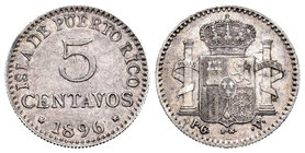 Alfonso XIII (1886-1931). 5 centavos. 1896. Puerto Rico. PGV. (Cal-86). Ag. 1,26 g. Tono. MBC+/MBC. Est...50,00.
