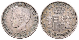 Alfonso XIII (1886-1931). 10 centavos. 1896. Puerto Rico. PGV. (Cal-85). Ag. 2,49 g. Escasa. BC+. Est...50,00.