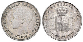 Alfonso XIII (1886-1931). 20 centavos. 1895. Puerto Rico. PGV. (Cal-84). Ag. 5,07 g. Pátina. Escasa. MBC+. Est...120,00.