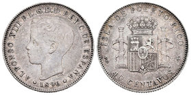 Alfonso XIII (1886-1931). 40 centavos. 1896. Puerto Rico. PGV. (Cal-83). Ag. 9,99 g. Pátina. Rara. MBC+. Est...350,00.