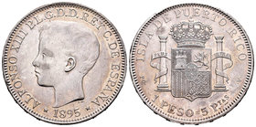Alfonso XIII (1886-1931). 1 peso. 1895. Puerto Rico. PGV. (Cal-82). Ag. 25,04 g. Pequeñas marcas, aún así buen ejemplar. Rara. MBC+/EBC-. Est...600,00...