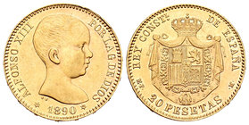 Alfonso XIII (1886-1931). 20 pesetas. 1890*18-90. Madrid. MPM. (Cal-5). Au. 6,45 g. EBC+. Est...230,00.