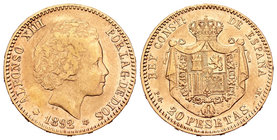 Alfonso XIII (1886-1931). 20 pesetas. 1892*1_-92. Madrid. PGM. (Cal-6). Au. 6,41 g. Rara. MBC. Est...1200,00.