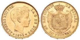 Alfonso XIII (1886-1931). 20 pesetas. 1899*18-99. Madrid. SMV. (Cal-7). Au. 6,48 g. EBC. Est...230,00.