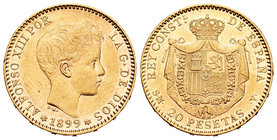 Alfonso XIII (1886-1931). 20 pesetas. 1899*18-99. Madrid. MPM. (Cal-7). Au. 6,43 g. EBC. Est...250,00.