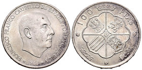 Estado Español (1936-1975). 100 pesetas. 1966*19-69. Madrid. (Cal-14). Ag. 19,24 g. Palo curvo. Brillo original. Escasa. SC-. Est...180,00.