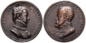 Felipe II (1556-1598). Medalla. Anv.: PHILIPPVS II HISPAN ET NOVI ORBIS OCCIDVI REX. Rev.: ISABELLA REGINA PHILIPPI II HISPAN REGIS. Ae. 13,77 g. Grab...