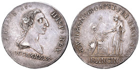 Carlos IV (1788-1808). Medalla de Proclamación. 1789. Barcelona. (H-11). (Vq-13073). Ag. 7,22 g. Módulo de 4 reales. Tono. MBC+. Est...200,00.