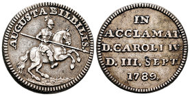 Carlos IV (1788-1808). Medalla de proclamación. 1789. Calatayud (Zaragoza). (H-20). Ag. 6,77 g. 37 mm. Escasa. MBC+. Est...120,00.