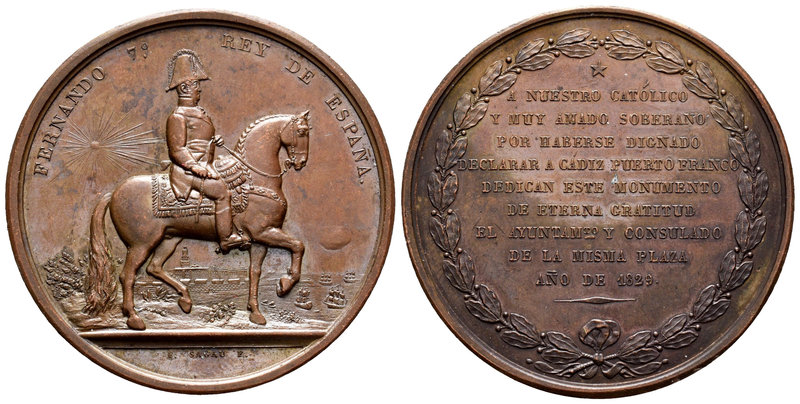 Fernando VII (1808-1833). Medalla. 1829. Cádiz Puerto Franco. (Vq-14261). Ae. 27...