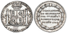 Fernando VII (1808-1833). Medalla de proclamación. 1808. Querétaro. (Grove-F-236). Ag. 6,66 g. Módulo de 2 reales. Escasa. EBC. Est...150,00.