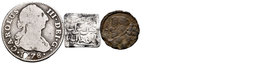 Lote de 3 monedas heterogéneas, 1 dirhem anónimo almohades, 1 ardite y 2 reales Sevilla 1778 con agujero. A EXAMINAR. BC-/BC+. Est...18,00.