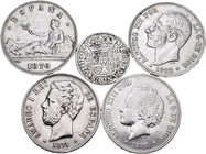 Lote de 6 monedas españolas, 2 reales Fernando VI 1758 Sevilla, 5 pesetas (4) 1870, 1871, 1882 y 1892. A EXAMINAR. BC+/MBC. Est...90,00.