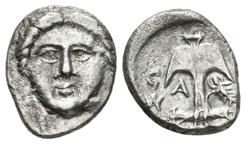 APOLLONIA PONTIKA, Thracia. Dióbolo. 410-341 a.C. A/ Gorgona. R/ Ancla, a izquie...