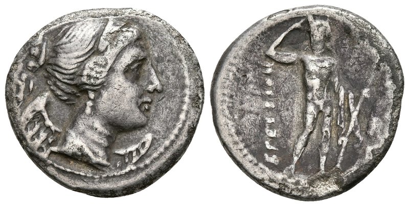 BRUTTIUM. Dracma. 216-214 a.C. A/ Busto de Nike alada, diademada y drapeada a de...