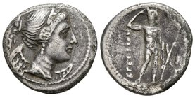 BRUTTIUM. Dracma. 216-214 a.C. A/ Busto de Nike alada, diademada y drapeada a derecha, detrás cabeza de caballo. R/ Aisaros Dios del río estante a der...