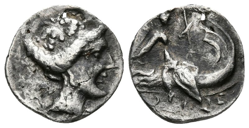 EUBOIA, Histiaia. Tetróbolo. 196-146 a.C. A/ Cabeza de la ninfa Histiaia a derec...
