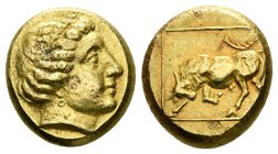 LESBOS, Mytilene. Hekte. 375-325 a.C. A/ Cabeza de Persephone a derecha con corona de cebada. R/ Toro embistiendo a la izquierda dentro de un cuadrado...