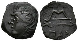 PANTIKAPAION. Ae15. 325-310 a.C. Bosporos. A/ Cabeza de sátiro sin barba a izquierda. R/ Arco sobre flecha, debajo nAN. MacDonald 116/1; SNG BM Black ...